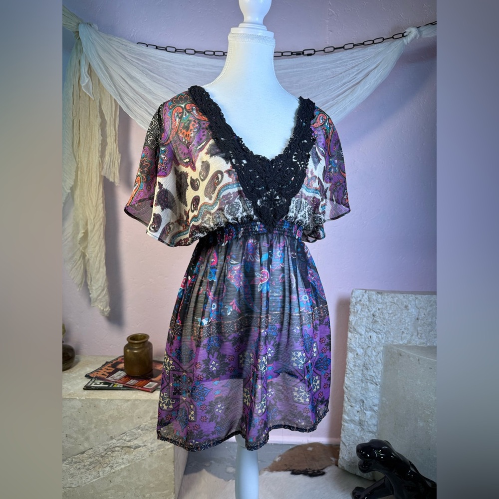 Vintage Boho Paisley Chiffon Dress Lace Detail Size Medium Free People Style